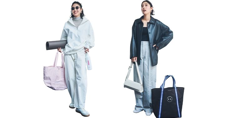 白のハーフジップスウェットと白デニムにピンクのビッグトートを合わせた休日コーデと黒カットソーとライトグレーデニムにエコレザージャケットを羽織って白のハンドバッグとビッグトートを合わせた通勤コーデ