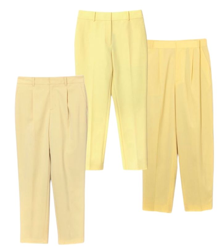 クリームイエローのストレッチテーパードパンツ