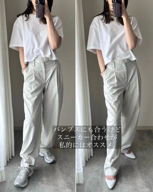 ユニクロのコットンブレンドタックワイドパンツの着こなし1