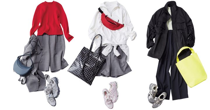 赤ニットとグレーのハーフパンツセットアップにスニーカーを合わせたコーデと白のハーフジップスウェットとグレーのハーフパンツにスニーカーを合わせたコーデとカラーTシャツとネイビーパンツにナイロンアウターを羽織ってスニーカーを合わせたコーデ