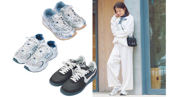 読者の私物でボッテガヴェネタとニューバランスとナイキのスニーカーと全身ホワイトコーデにスニーカーを合わせた着こなし