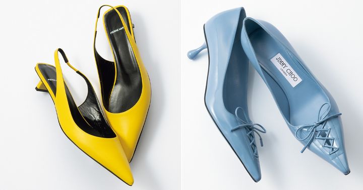 ピエール アルディのイエローパンプスとジミーチュウの水色のパンプス