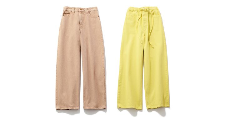 ビーサイドのベージュのデニムパンツとジェイドットのイエローデニムパンツ