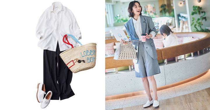 ゆるっとしたストライプシャツとネイビーのワイドパンツに白ローファーとカゴバッグと合わせたコーデとグレーのハーフパンツのセットアップに白ローファーを合わせたオフィスコーデ