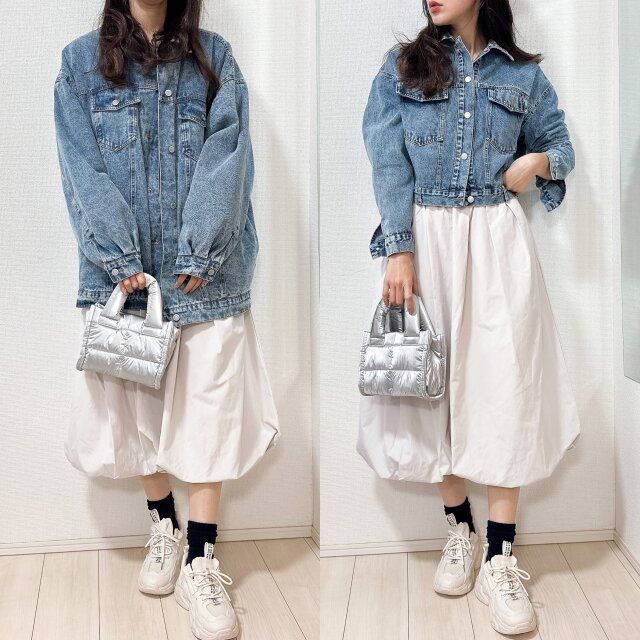 トレンドのデニムジャケットも短丈で