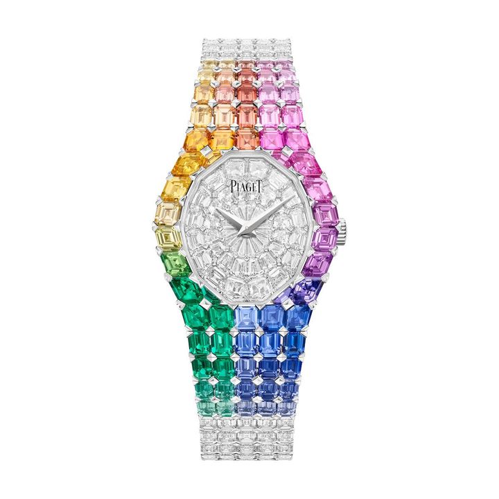 「オーラ」（WG×ダイヤモンド×サファイア×エメラルド×クリソベリル×ツァボライト、ケース径27.5×30ｍｍ、手巻き）￥176,880,000円（予定価格）／PIAGET