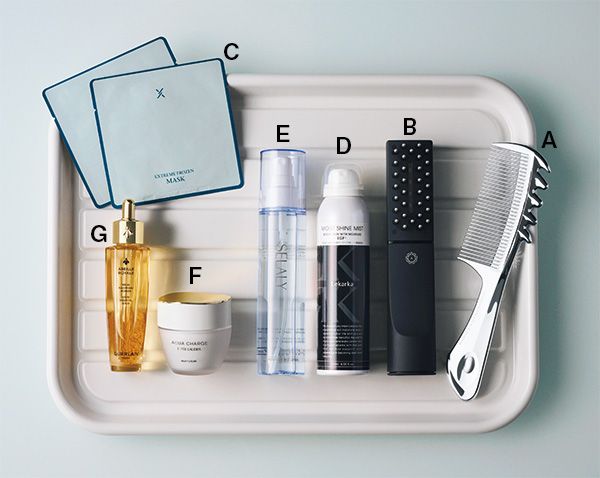 【A】ラブクロム®Fスカルプカッサ シルバー 【B】デンキバリブラシ®2.0 【C】エクストリームフローズンマスク 【D】ブライトリーモイストシャインミスト 【E】SELALY ルミヌ グロウミストローション 【F】アクア チャージ 薬用 ミルキー クリーム 【G】アベイユ ロイヤル ウォータリー オイル セロム