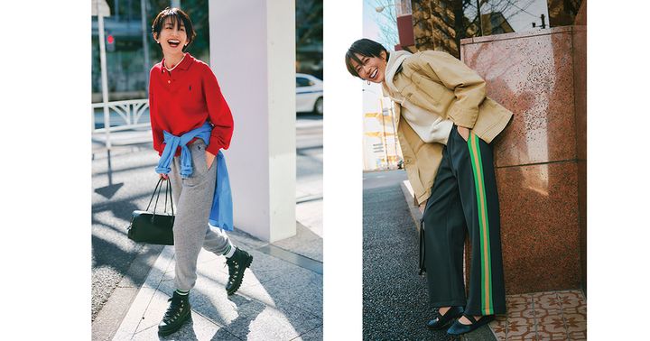 ラルフの赤スウェットトップスとグレーのスウェットパンツを合わせたコーデとサイドにグリーンとベージュのラインが入ったスウェットパンツとパーカにジャケットを羽織ったコーデ