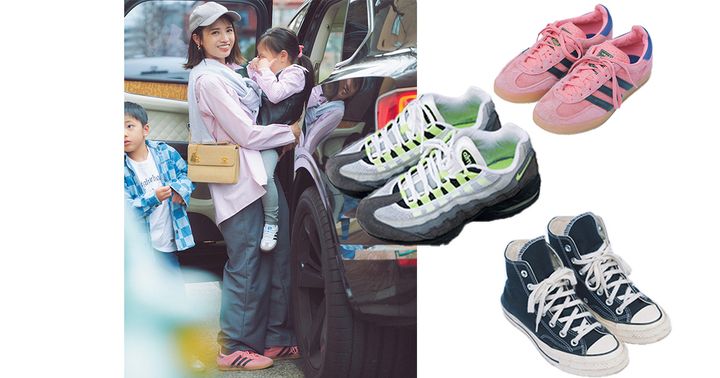 カジュアル上手な読者の私物スニーカー3足とピンクシャツとダークカラーのパンツにピンクのアディダスのスニーカーやキャップを被ったカジュアルコーデ