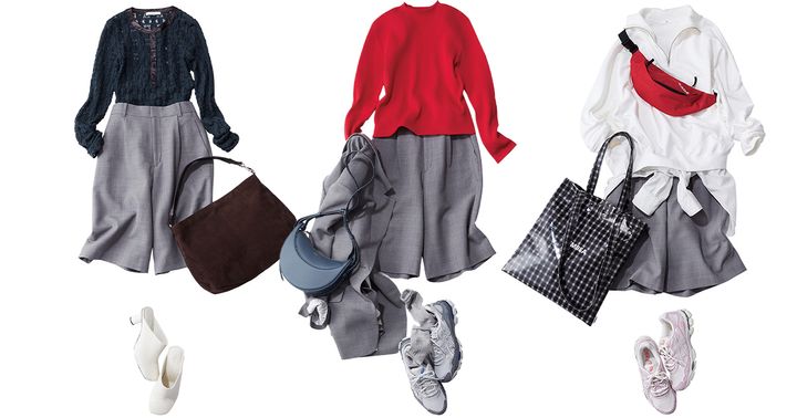 透け感レーストップスと赤ニットと白のハーフスウェットを合わせたグレーのハーフパンツ着回しコーデ