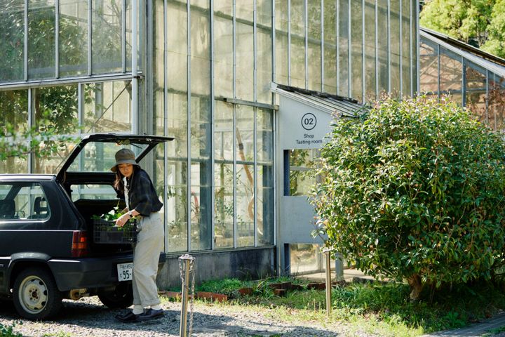 チェックシャツにワイドパンツのラフな装いは、落ち着いたトーンでシックに仕上げる【薬草研究家の1日①】