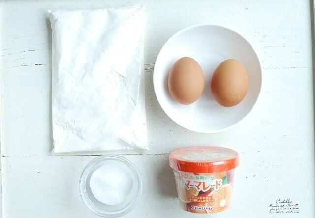 ホットケーキミックス 卵2個 グラニュー糖 マーマレード