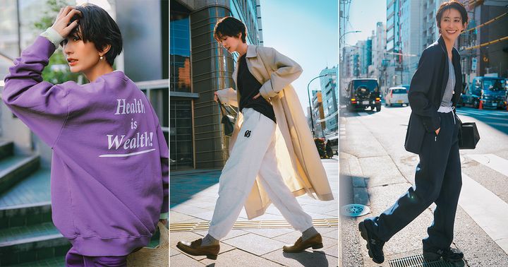 パープルのロゴスウェットと春アウターとスウェットパンツのコーデとネイビーのスウェットパンツに同色ジャケットの3コーデを着こなす神山まりあさん