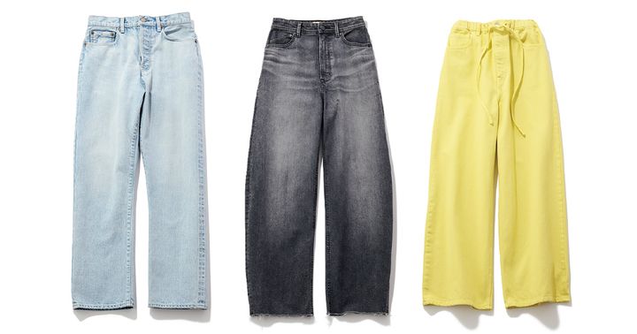 カオスの淡いブルーデニムとヤヌークのカーブシルエットのグレーデニムとジェイドットのイエローデニム