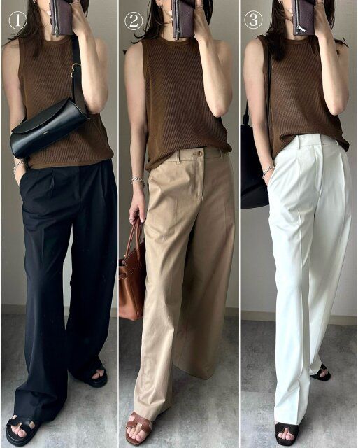 ユニクロのメッシュクルーネックセーターノースリーブのコーデ2