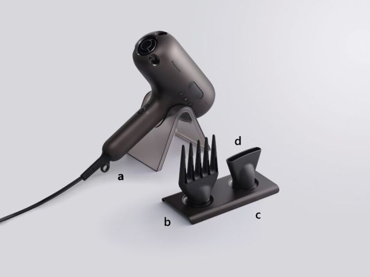 a 本体スタンド、b ボリュームアップ ＆ストレーター、c ノズルスタンド、d セットノズル