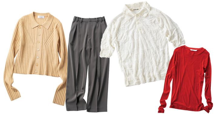 ミースロエの衿付きニットとスラックスとオーラリーのポロニットとシアーカットソー