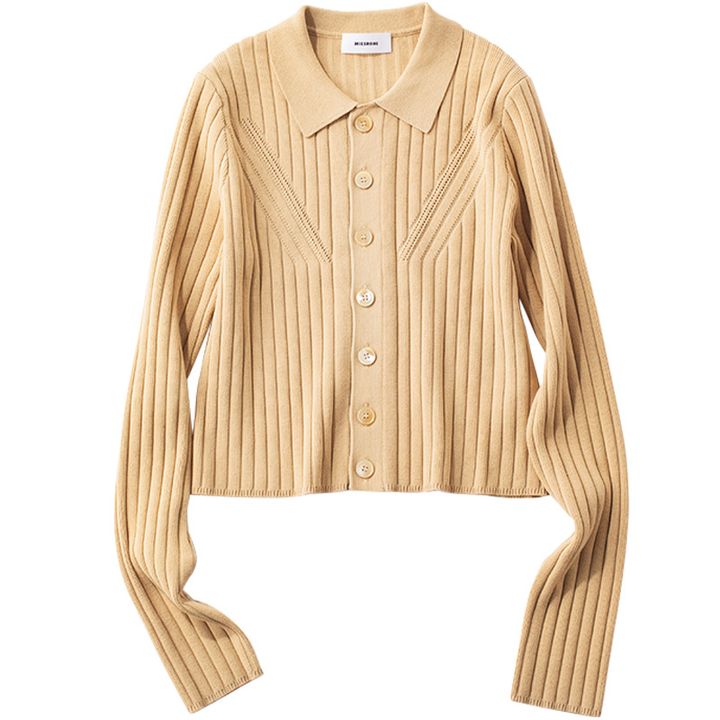 ミースロエのリブニット素材の衿付きカーディガン