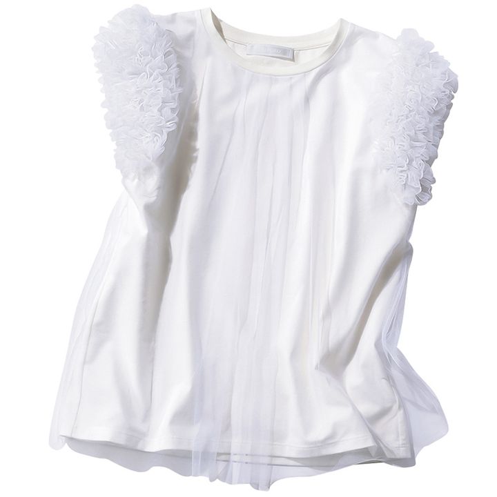 顔まわりを華やかにしてくれる両袖のチュールフリルが可愛いセルフォードのTシャツ