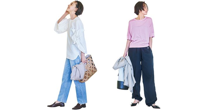 白ブラウスとデニムにローファーを合わせたコーデとピンクの5部袖ニットとパンツにミュールを合わせたコーデ