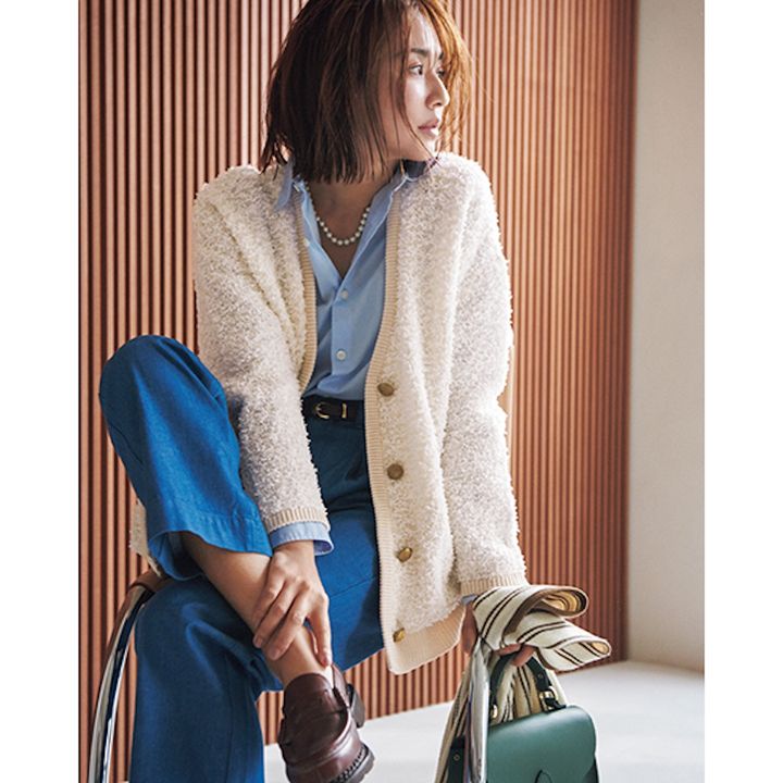 [THREE SQUARE]テープヤーンニットカーディガンモデル