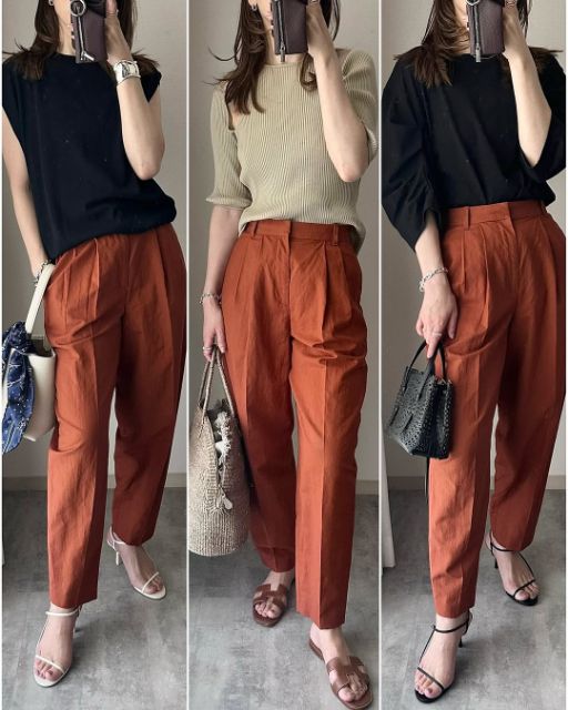 リネンブレンドバレルレッグパンツを着たコーデ