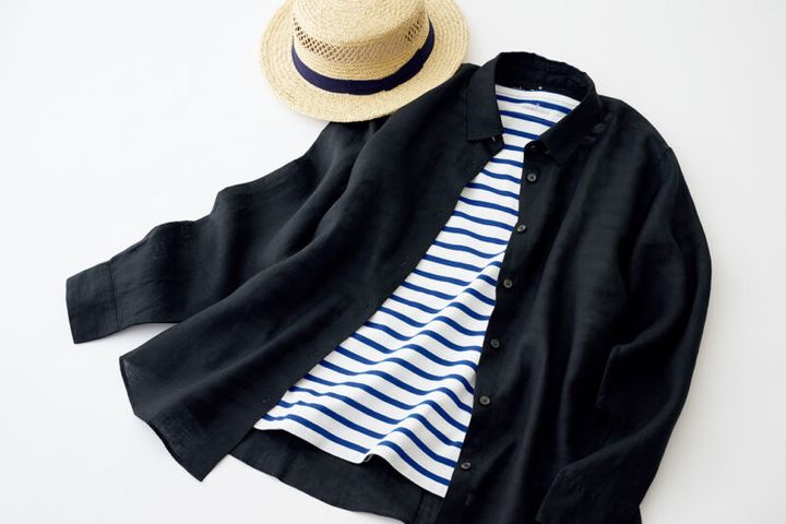 ボーダーボートネックTシャツ¥1,990／無印良品銀座、帽子／スタイリスト私物