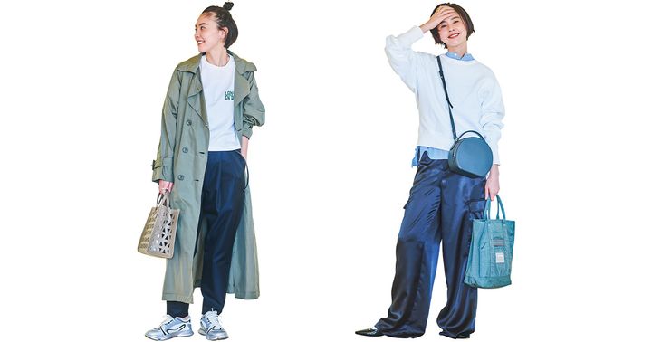 ロゴTシャツとネイビーパンツにカーキのトレンチを羽織ったコーデとブルーシャツと白スウェットに艶のあるカードパンツを合わせたコーデ