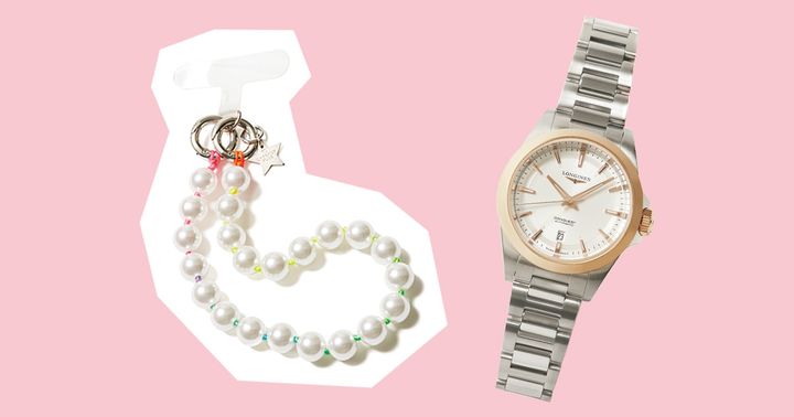 カドープラスのプラスチックパールのフォンストラップとロンジンの腕時計