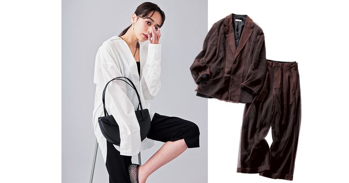 クレドナの白シャツとカプリパンツを合わせたコーデとJSELFのブラウンの黒とブラウンのチュールを重ねたパンツセットアップ