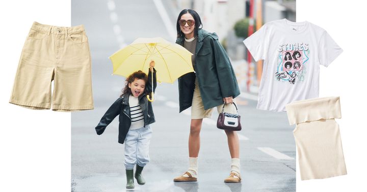 雨の日に旬のハーフパンツを履いて子どもと出かけるママ