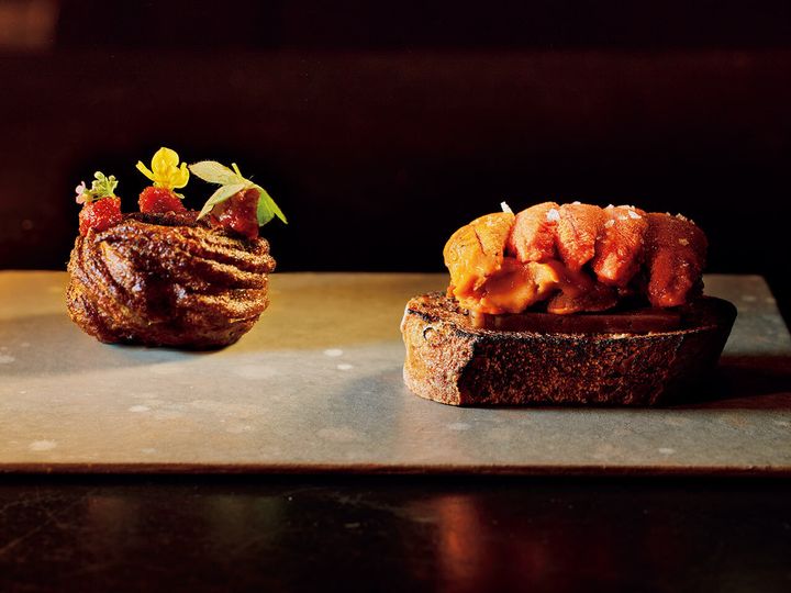 松屋町『Claro』の「ウニのピンチョス」、「セロリのチュロス」