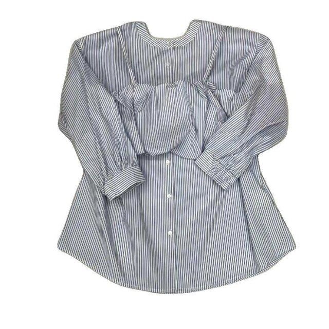 しまむらのストライプバルーンビスチェとストライプシャツ