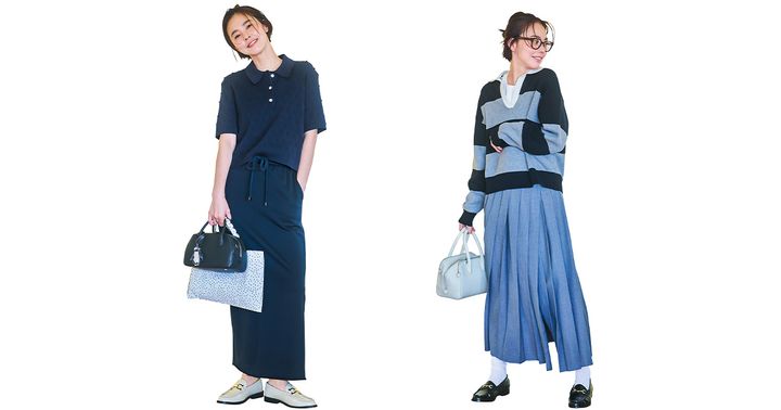 ネイビーのポロニットと同色のタイトスカートを合わせた保護者会コーデとボーダー柄のニットとグレーのプリーツスカートを合わせた授業参観コーデ