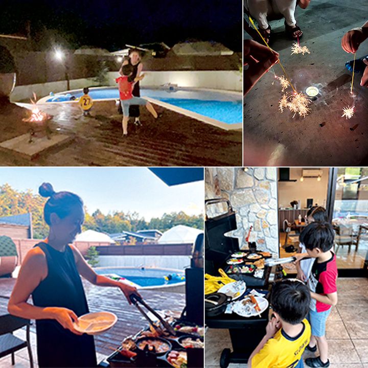 青木裕子さんがプライベートヴィラグランピング富士山中湖でBBQや花火を楽しむ様子