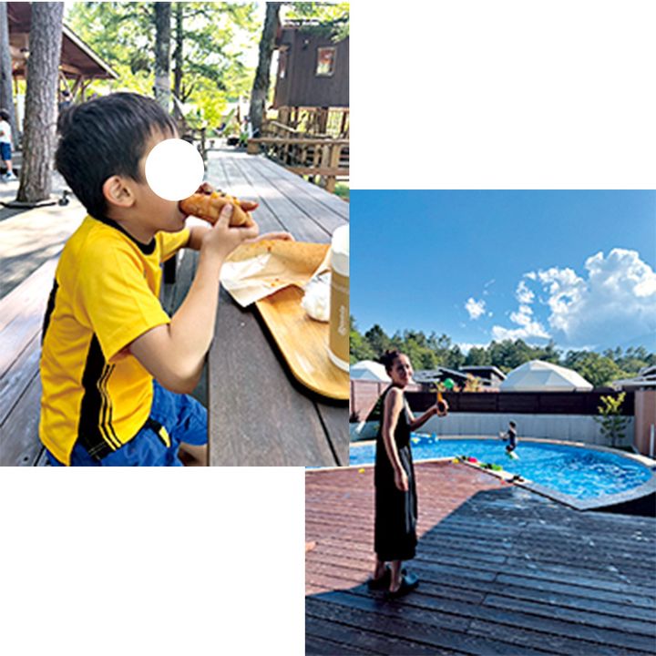 青木裕子さんの息子さんがPICA「Hammock Cafe」でランチする様子とプライベートヴィラグランピング富士山中湖にチェックインした様子