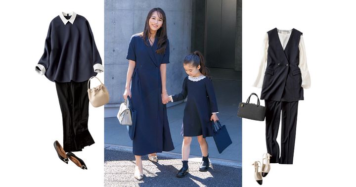 ルフィルのブラウスと黒パンコーデとアンフィーロのジレとパンツコーデとツルバイマリコオイカワの半袖ネイビーワンピースを着た近藤千尋さん