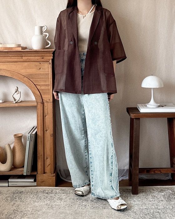 しまむらのブラウンの「シアージャケット」×コクーン風フリンジパンツ