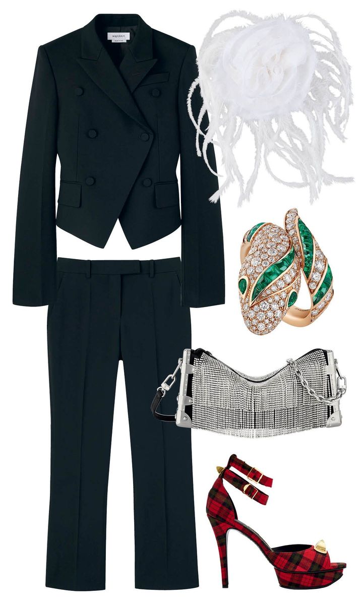 〈左上から時計回りに〉ジャケット ¥401,720 パンツ ¥174,240／ともにMcQUEEN（アレキ サンダー・マックイーン クライアントサービス） ブローチ ¥212,300／CHANEL（シャネル カスタマーケア） リング 「セルペンティ」PG×エメラルド×ダイヤモンド ¥12,518,000／BVLGARI（ブルガリ・ ジャパン） バッグ 本体 H12cm ¥973,500／LOUIS VUITTON（ルイ・ヴィトン クライアント サービス） シューズ ヒール11cm ¥88,000／UNDERCOVER（アンダーカバー）