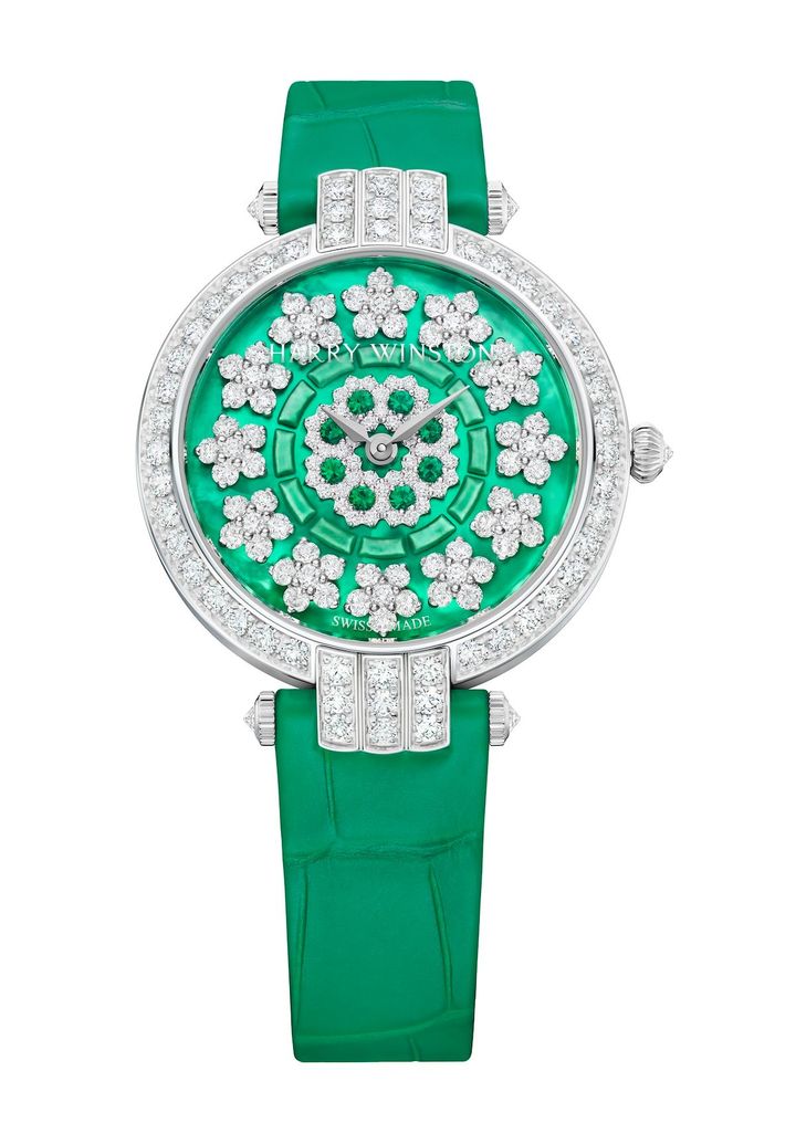 「HW プルミエール・サンフラワー オートマティック36mm」（WG×ダイヤモンド×エメラルド、ケース径36mm、自動巻き）￥10,274,000 ※世界30本限定