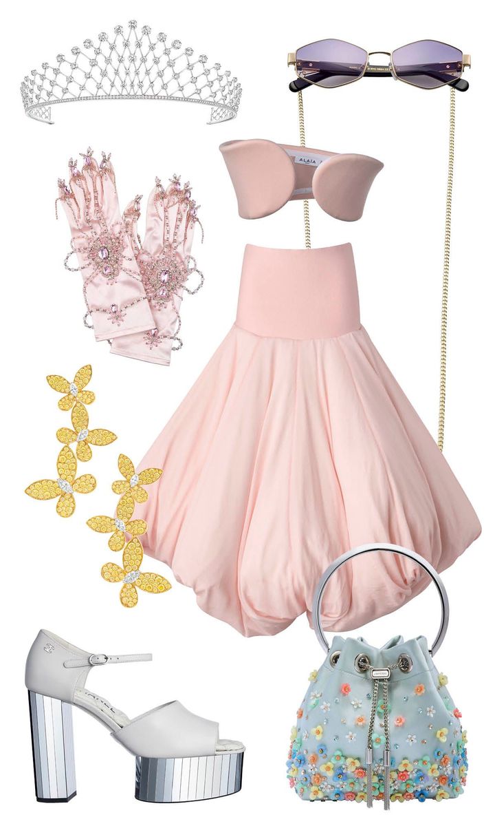 〈左上から時計回りに〉ティアラ「ダンテル・ドゥ・ ルミエール」WG×ダイヤモンド ¥55,000,000（参考価格）／CHAUMET（ショーメ） アイウェア ¥28,600／MARC JACOBS（サフィロジャパン カスタマ ーサービス） トップ ¥592,900 スカート ¥1,575,200（ともに参考価格）／ともに ALAÏA（リシュモン ジャパン） バッグ 本体 H15cm ¥273,900／JIMMY CHOO（ジミー チュウ） シュー ズ ヒール13cm ¥306,900／CHANEL（シャネル カスタマーケア） イヤリング「トリプル パヴェ バタフライ」YG×WG×イエローダイヤモンド×ダイヤモンド ¥27,340,000／GRAFF（グラフダイヤモンズジャパン） グローブ ¥132,000／TANAKADAISUKE（タナカ ダイスケ）