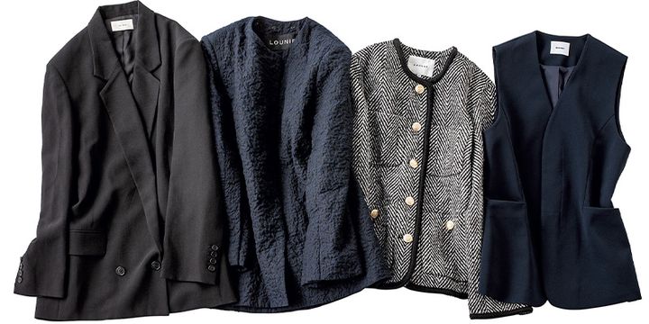 近藤千尋さんの私物のTHE ROWのジャケットとLOUNIEのノーカラージャケットとCADUNEのヘリンボーン柄ジャケットとミースロエのジレ