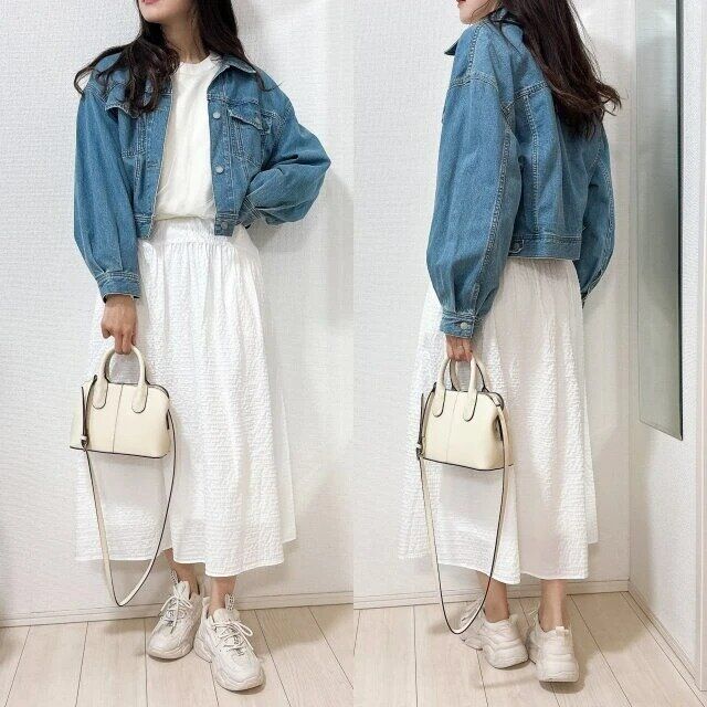 2025春夏ユニクロレディースシアサッカーボリュームスカートお手本コーデ