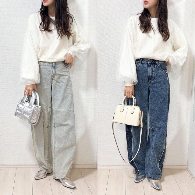 通常のバレルレッグジーンズの薄いブルーとはき比べ