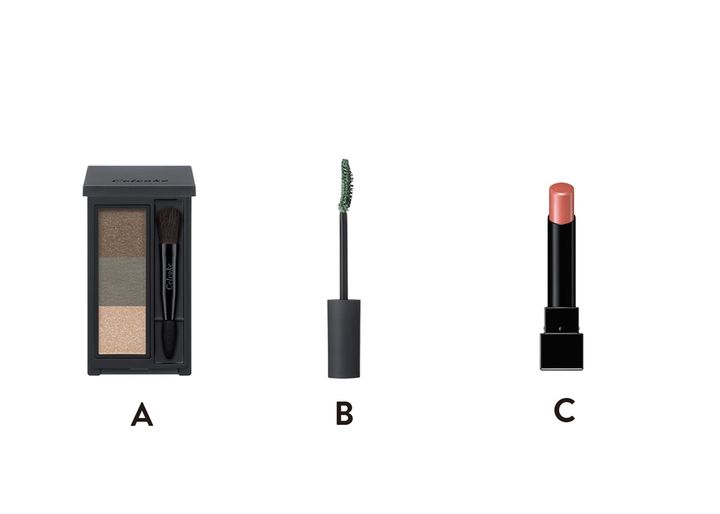 使用アイテム。インディケイト アイブロウパウダー 04、ニュアンス ボリューム マスカラ 02、ケイト リップモンスター 03。