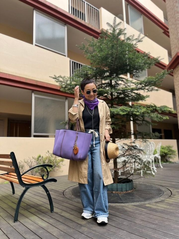 ロングアウター＋ワイドデニムパンツ