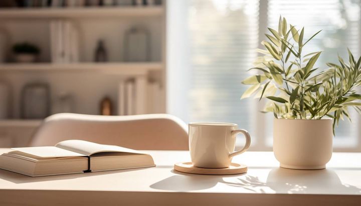 植物、コーヒー、本