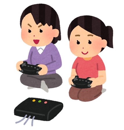 据置型ゲーム機で遊ぶ子供達のイラスト（女性）