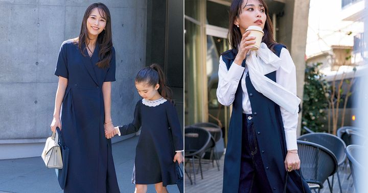 ネイビーの半袖ワンピースを着て女の子と手を繋ぐ近藤千尋さんとボウタイブラウスにネイビージレと濃紺デニムを穿いた近藤千尋さん