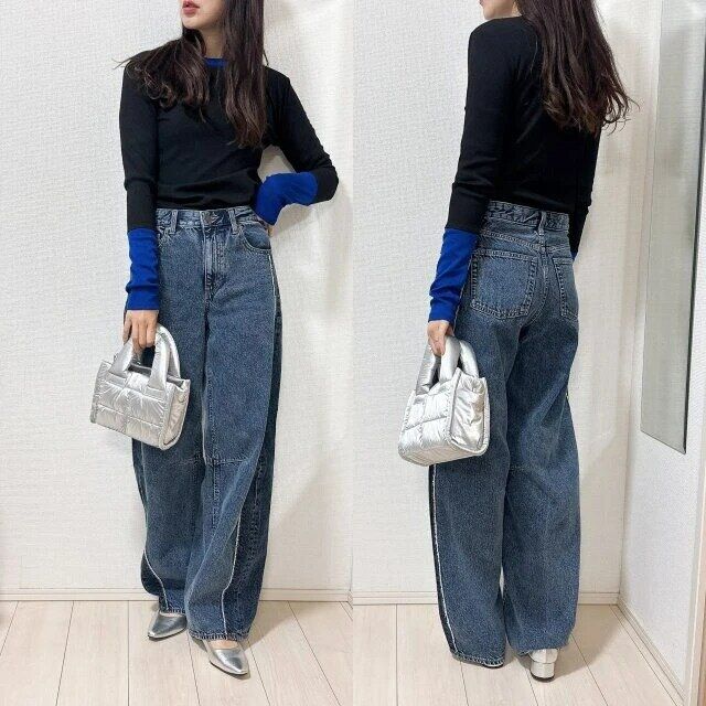 gu2トーンバレルレッグジーンズシンプルニットコーデ